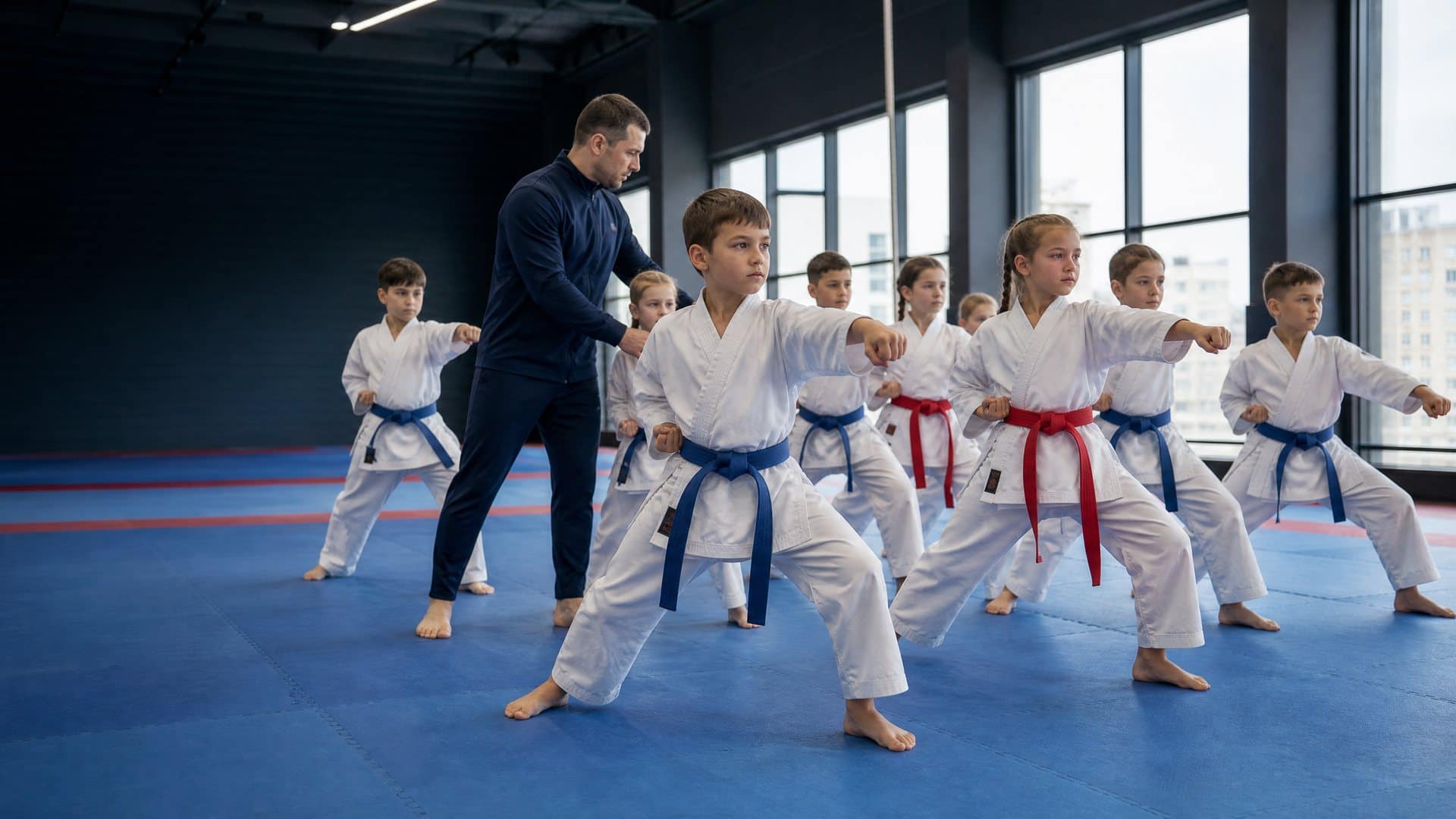 Групповая тренировка детей по каратэ WKF с тренером